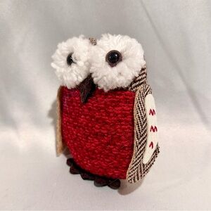 Red and White Plush Owl Christmas Ornament 5”H